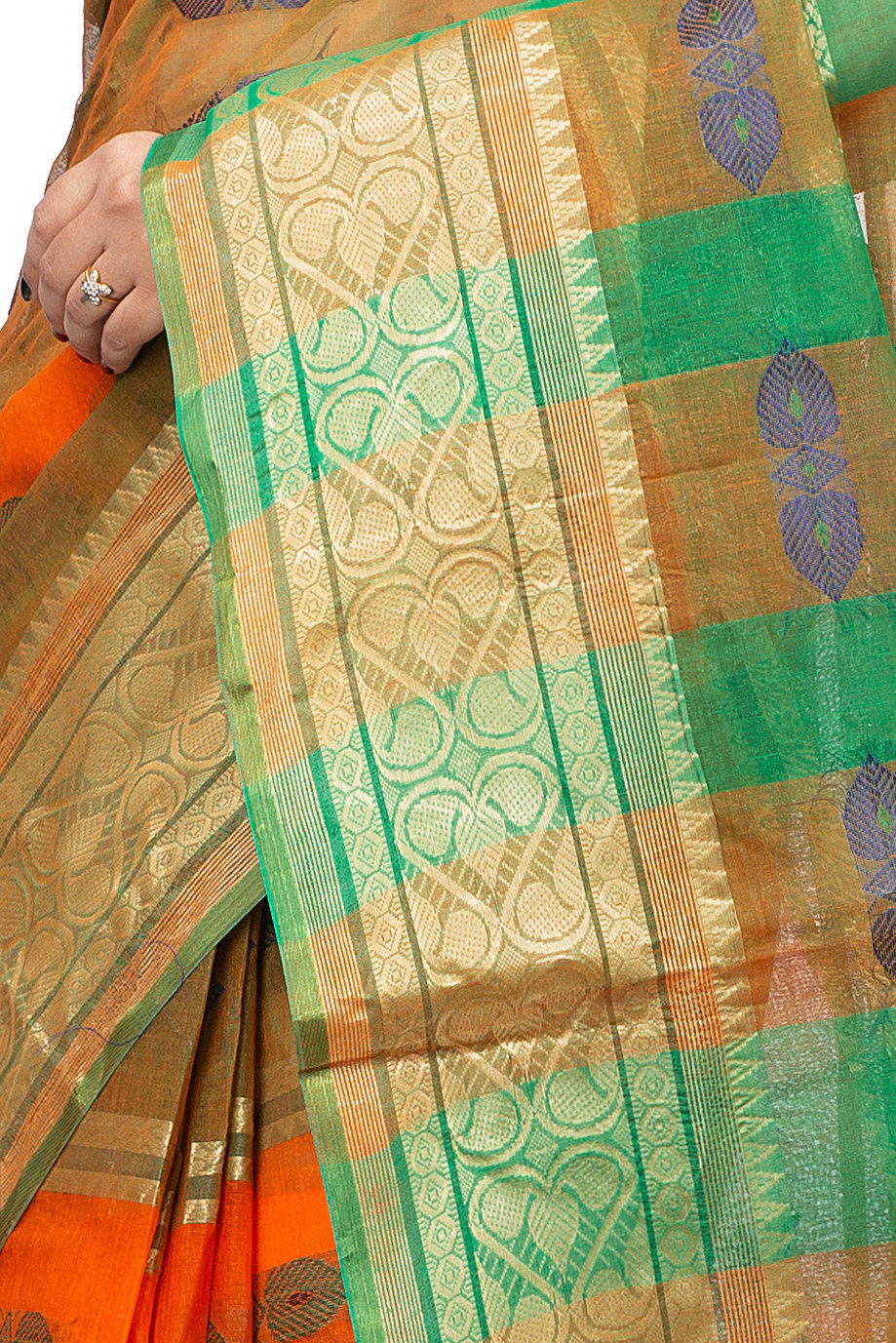 Orange Green Pure Cotton Raj Nandi Desigine Tant Saree (2830)